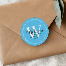 Pegatina Redonda Elegante Monograma Dirección de retorno azul sólid