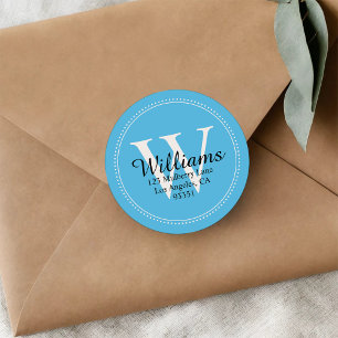 Pegatina Redonda Elegante Monograma Dirección de retorno azul sólid
