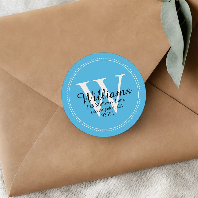 Pegatina Redonda Elegante Monograma Dirección de retorno azul sólid (Subido por el creador)