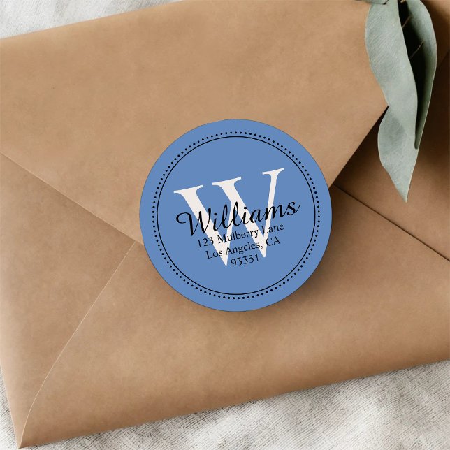 Pegatina Redonda Elegante Monograma Dirección de retorno azul sólid (Subido por el creador)