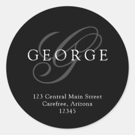 Pegatina Redonda Elegante Monograma Dirección gris negro