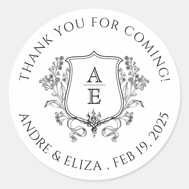 Pegatina Redonda Elegante Monograma Escudo blanco y negro Gracias C (Anverso)