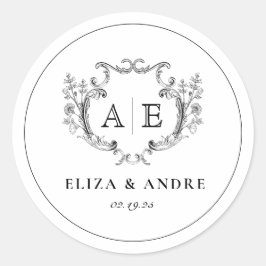 Pegatina Redonda Elegante Monograma Escudo Boda blanco y negro
