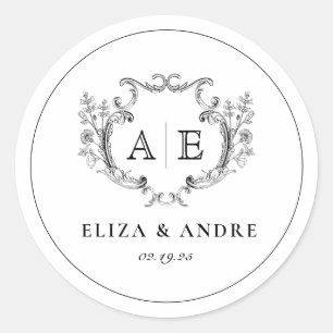 Pegatina Redonda Elegante Monograma Escudo Boda blanco y negro