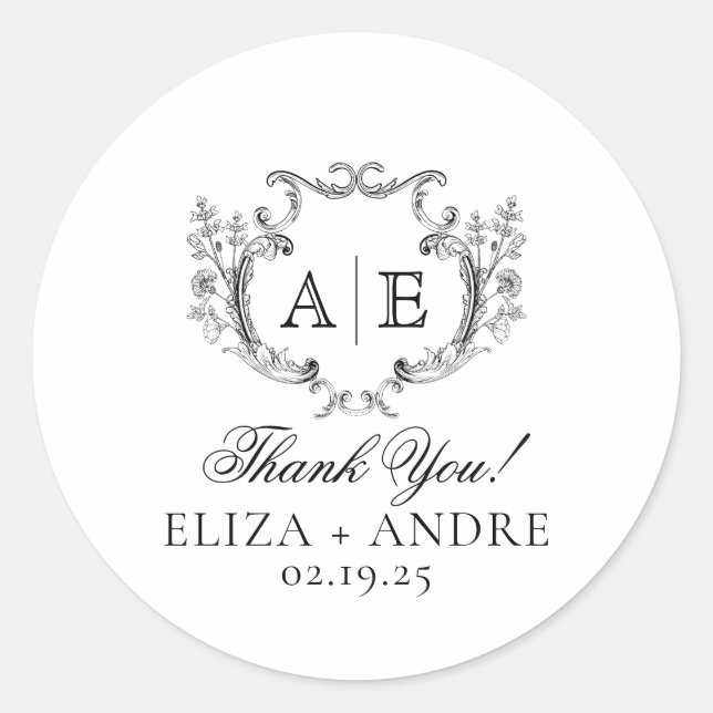 Pegatina Redonda Elegante Monograma Escudo Boda blanco y negro (Anverso)