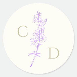 Pegatina Redonda Elegante Monograma Floral de Larkspur Lavanda