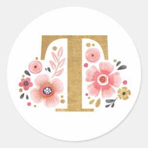 Pegatina Redonda Elegante Monograma Floral Rosa Letra Gold Inicial 