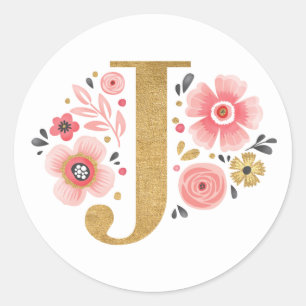 Pegatina Redonda Elegante Monograma Floral Rosa Letra Inicial J