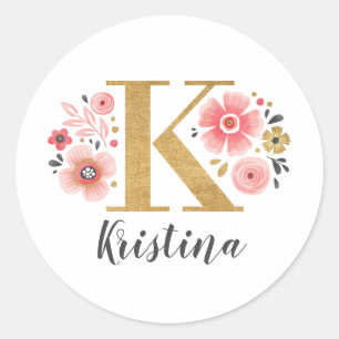 Pegatina Redonda Elegante Monograma Floral Rosa Letra inicial K
