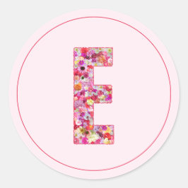Pegatina Redonda Elegante Monograma Floral Rosa Moderno Letra E