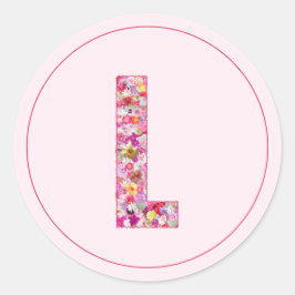 Pegatina Redonda Elegante Monograma Floral Rosa Moderno Letra L