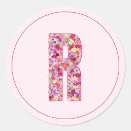 Pegatina Redonda Elegante Monograma Floral Rosa Moderno Letra R