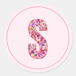 Pegatina Redonda Elegante Monograma Floral Rosa Moderno Letra S