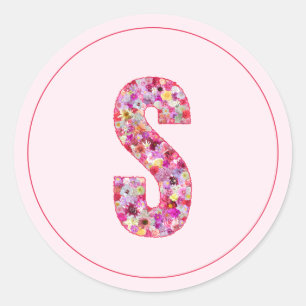 Pegatina Redonda Elegante Monograma Floral Rosa Moderno Letra S