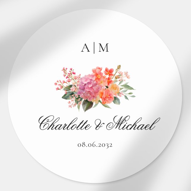 Pegatina Redonda  Elegante Monograma Floral Script Bodas (Elegant Floral Monogram Script Wedding Classic Round Sticker)