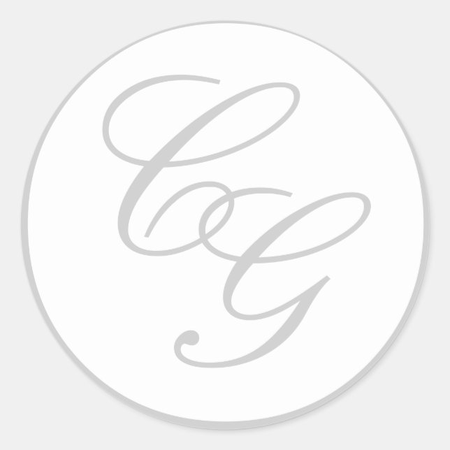 Pegatina Redonda Elegante Monograma Gris suave y Boda blanco Pegati (Anverso)