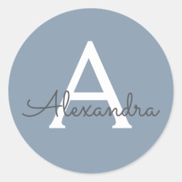 Pegatina Redonda Elegante Monograma moderno Minimalista azul turbio