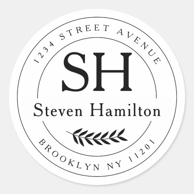 Pegatina Redonda Elegante Monograma Moderno Nombre Dirección de Ret (Anverso)