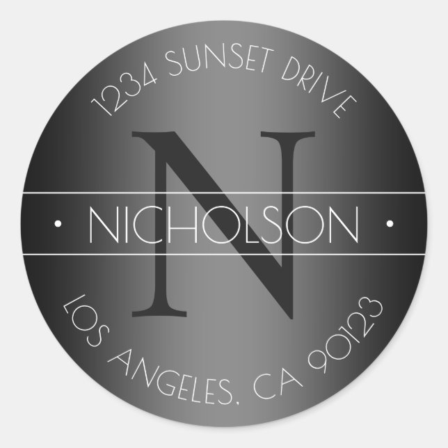 Pegatina Redonda Elegante Monograma Negro y Blanco Dirección de Env (Anverso)