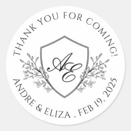 Pegatina Redonda Elegante Monograma negro y blanco Escudo Gracias
