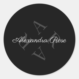 Pegatina Redonda Elegante Monograma Nombre Gris Negro