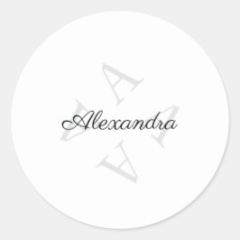 Pegatina Redonda Elegante Monograma Nombre Gris Negro