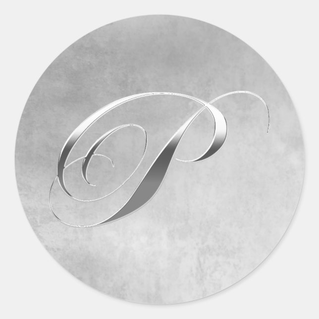 Pegatina Redonda Elegante Monograma Plateado P Pegatinas de matrimo (Anverso)