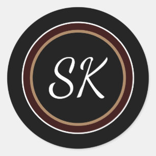 Pegatina Redonda Elegante Monograma Profesional de Black Brown Mix