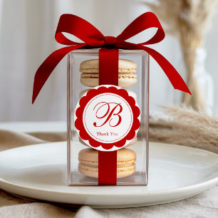 Pegatina Redonda Elegante Monograma Rojo de Vieiras Gracias