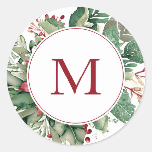 Pegatina Redonda Elegante Monograma Rojo Navidades Floral Verde