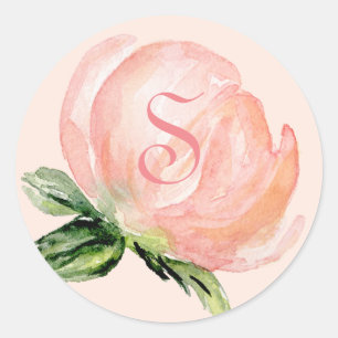 Pegatina Redonda Elegante Monograma Rosa Peach Floral acuarela