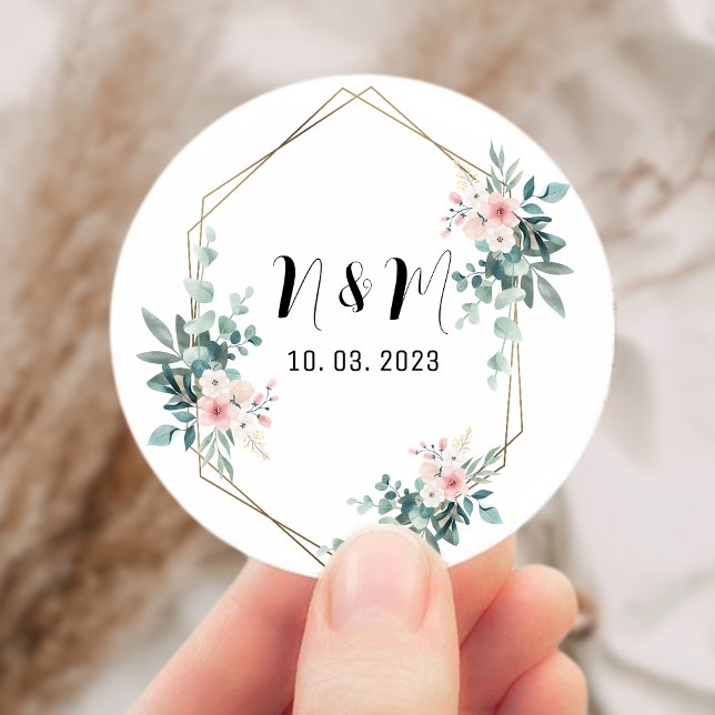 Pegatina Redonda Elegante Monograma Verde Eucalyptus Boda (Elegant Green Monogram Eucalyptus Wedding Classic Round Sticker)