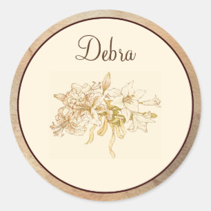 Pegatina Redonda Elegante Monograma Vintage Flores rosas y amarilla