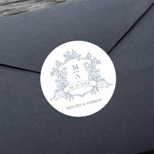 Pegatina Redonda Elegante Monogramas de Cresta Floral Azul Polvorie