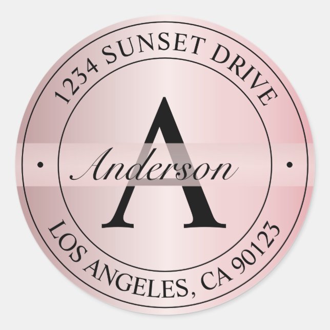 Pegatina Redonda Elegante Monogramed Faux Rosa Gold & Black Address (Anverso)