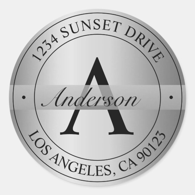 Pegatina Redonda Elegante Monogramed Faux Silver Dirección de retor (Anverso)