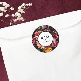 Pegatina Redonda Elegante + Moody Floral Boda negro