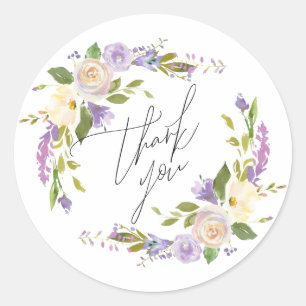 Pegatina Redonda Elegante Morado Acuarela Floral Gracias Script