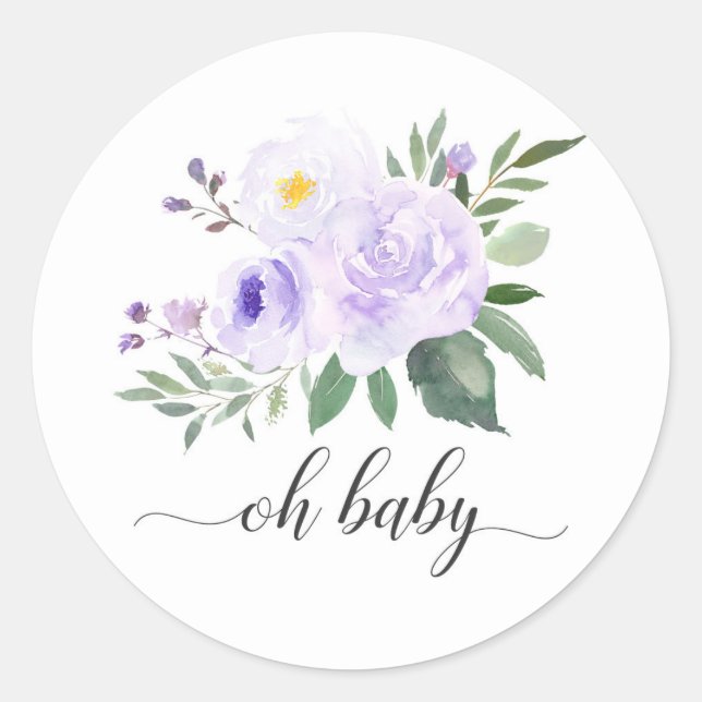 Pegatina Redonda Elegante Morado Floral Oh Baby Shower (Anverso)