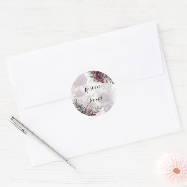 Pegatina Redonda Elegante morado, rosa y marrón floral (Sobre)