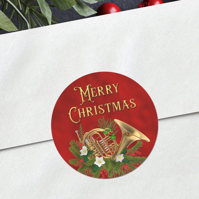 Pegatina Redonda Elegante música de Navidad Corno Francés Rojo (Subido por el creador)