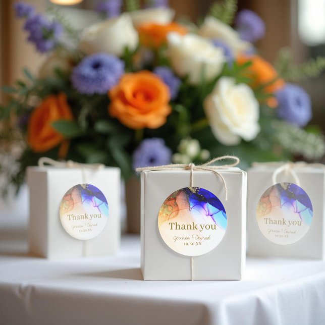 Pegatina Redonda Elegante Naranja Azul Boda Gracias (Elegant Blue Orange Wedding Thank You Classic Round Sticker.)