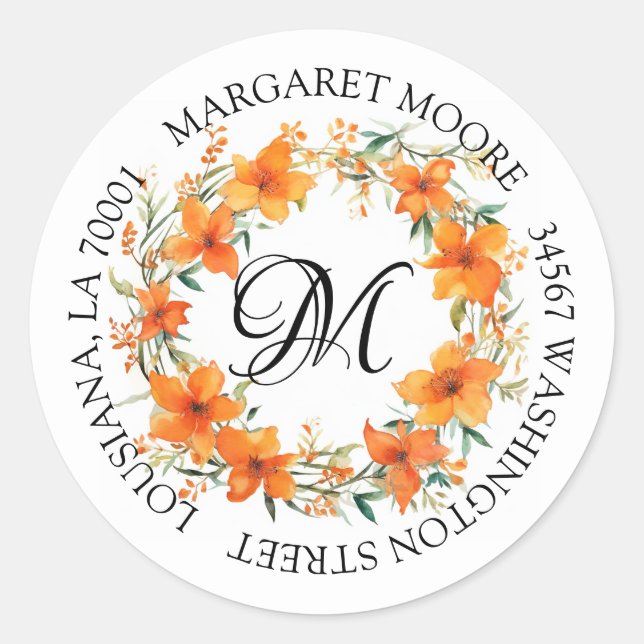 Pegatina Redonda Elegante Naranja Floral Script Monograma Dirección (Anverso)