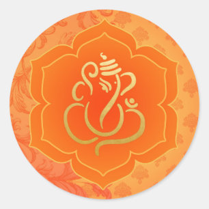 Pegatina Redonda Elegante Naranja Ganesh / Dios Indio