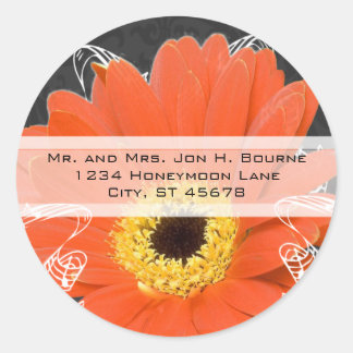 Pegatina Redonda Elegante Naranja Gerber Daisy Boda