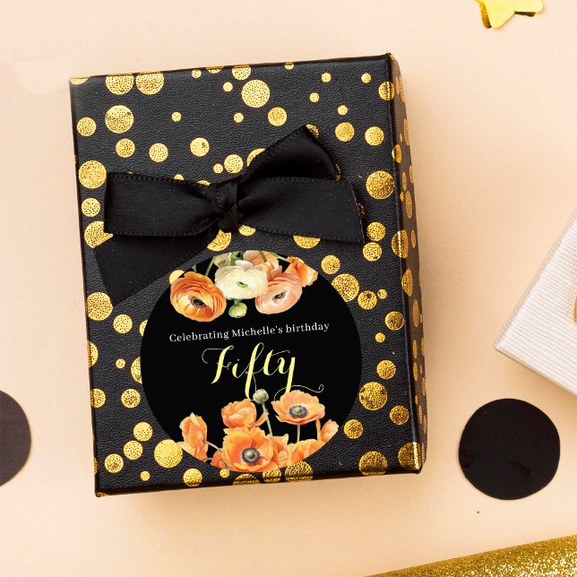 Pegatina Redonda Elegante Naranja negro Floral 50 cumpleaños (Subido por el creador)