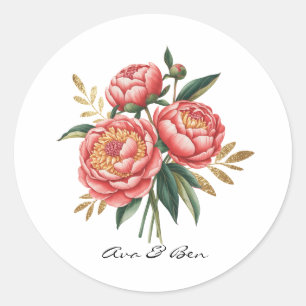 Pegatina Redonda Elegante Naranja Peony Bouquet Boda