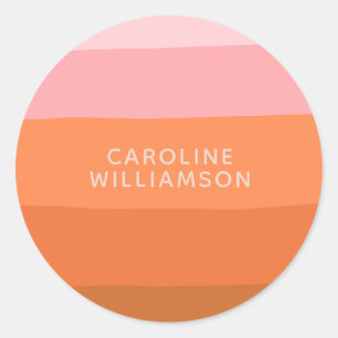 Pegatina Redonda Elegante Naranja rosa Abstract Stripes Script Name
