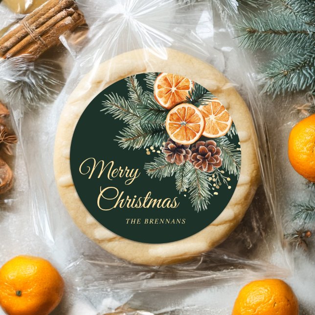 Pegatina Redonda Elegante Naranja verde Citrus Feliz Navidad (Elegant Green Orange Citrus Merry Christmas Classic Round Sticker)