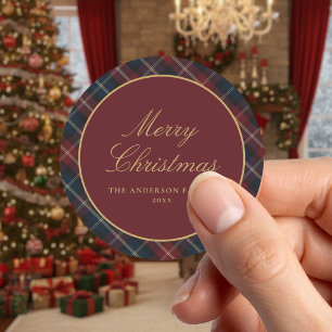 Pegatina Redonda Elegante Navidad a Cuadros Clásica